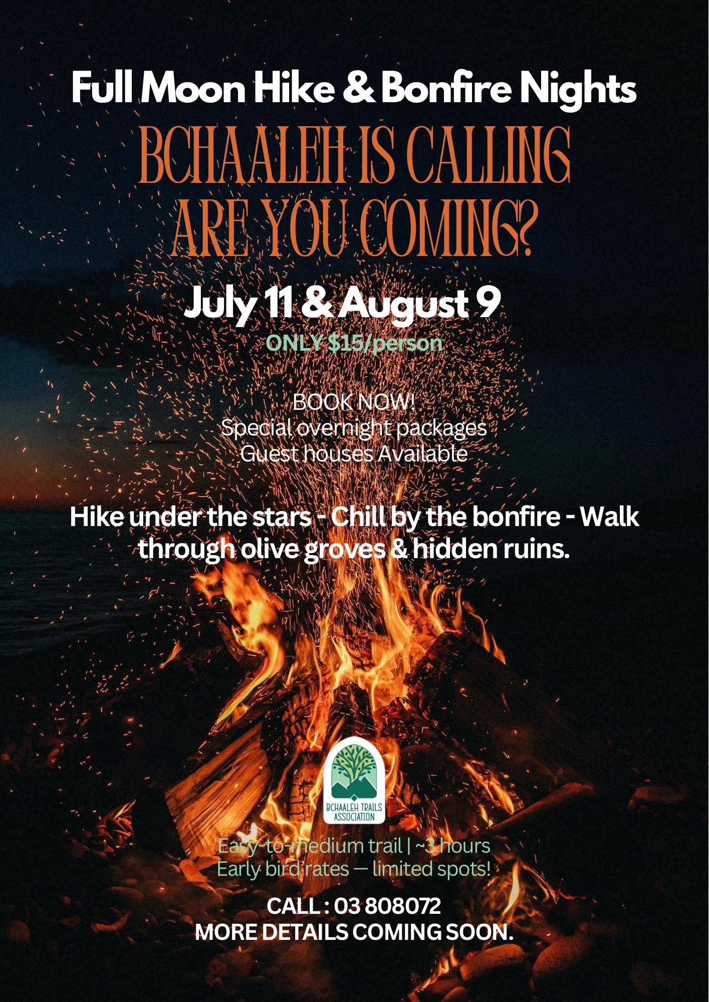 Full Moon Hike With Bonfire Experience at Bchaaleh Trails