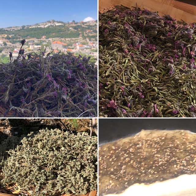 A four-pane collage showing dried purple flowers, harvested green herbs, and a close-up of traditional flatbread with sesame seeds.